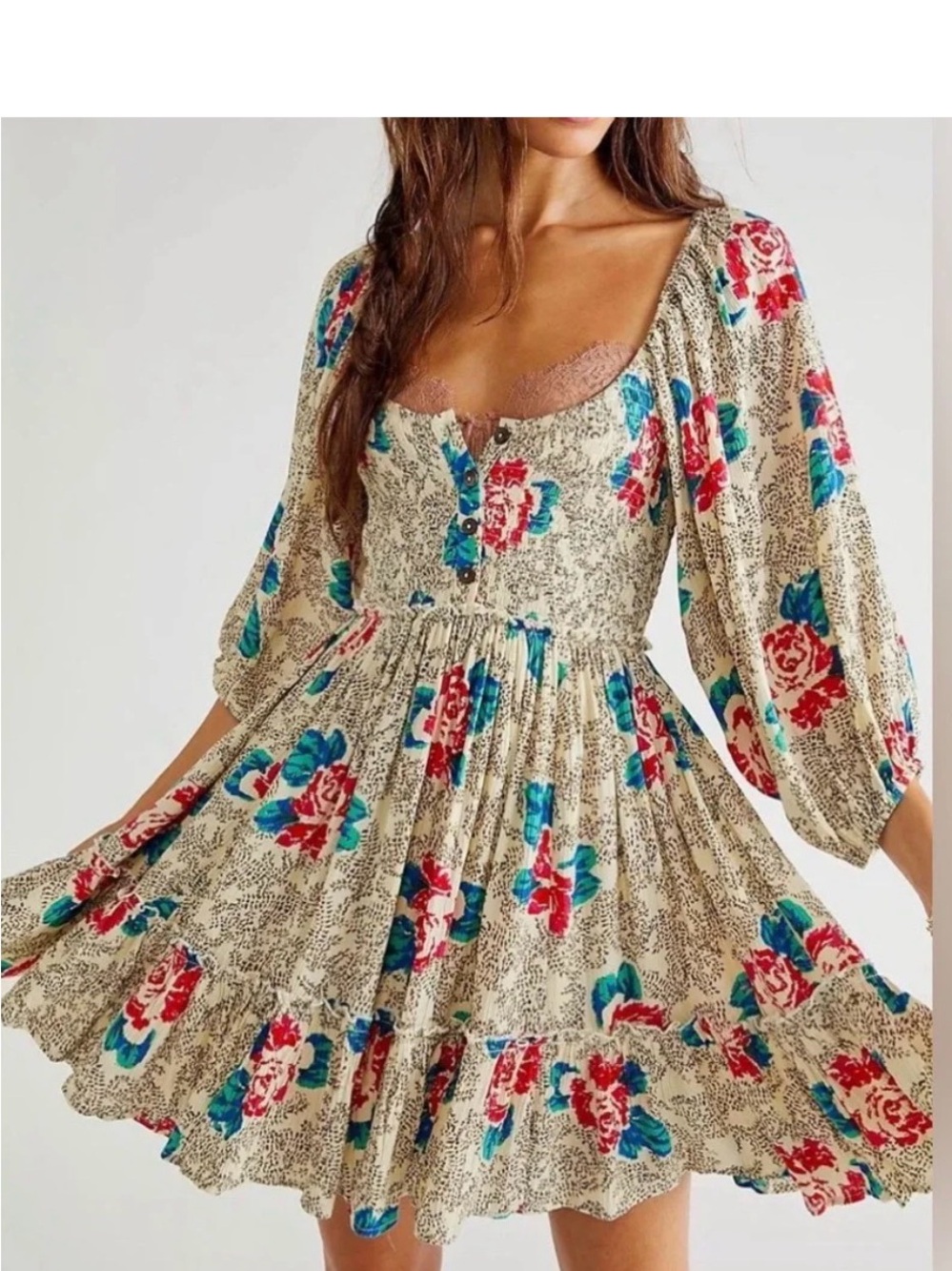 Free People Summer Picnic Cream Floral Smocked Mini Dress